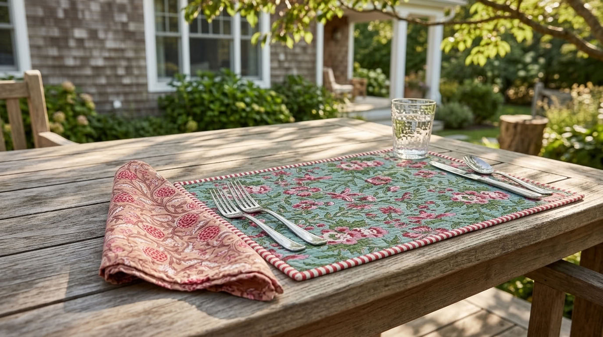 Flora Fiesta - Block Printed, Reversible, Quilted Cotton Placemats