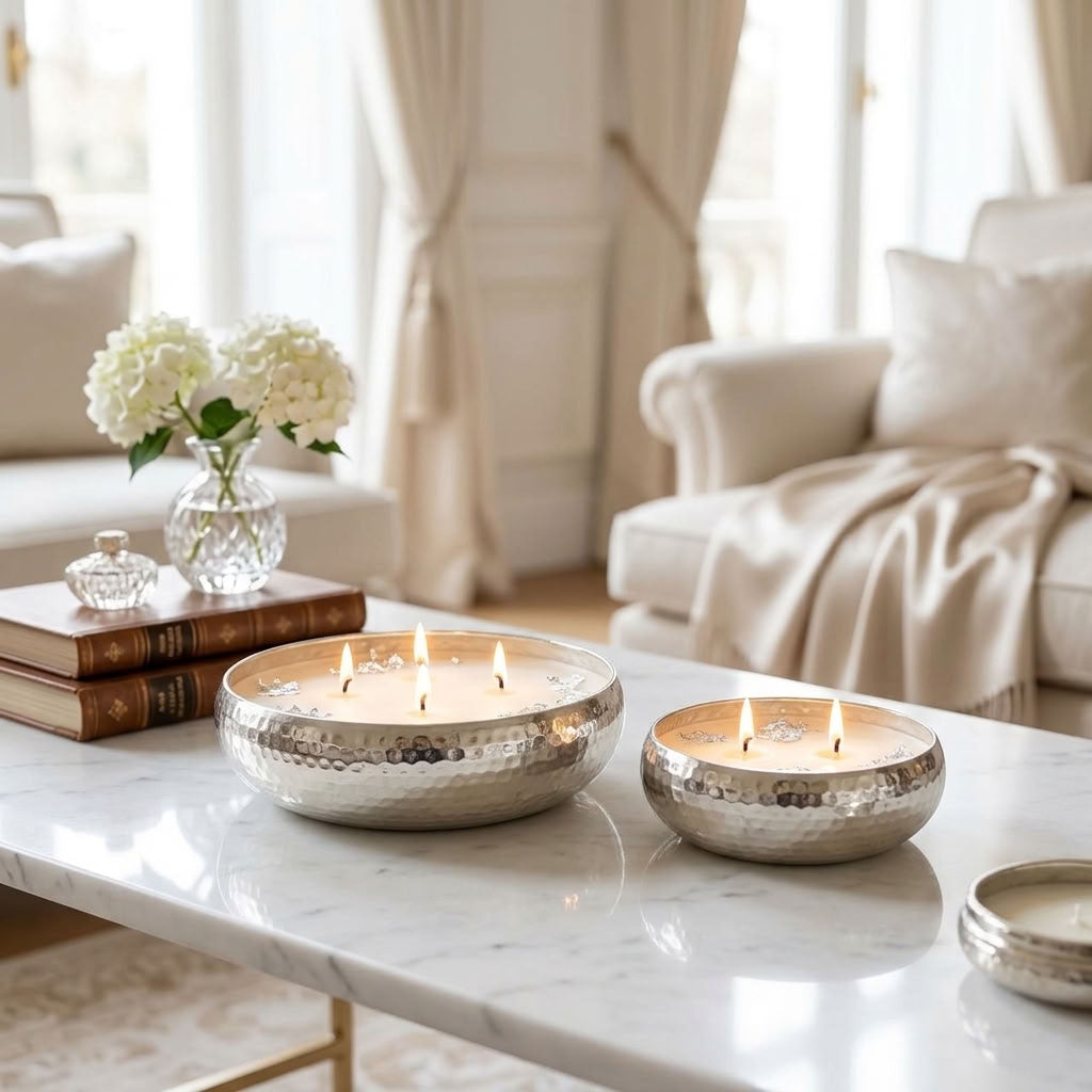 Silver Mist - Luxe Soy Candle in Handcrafted Metal Urli Bowl