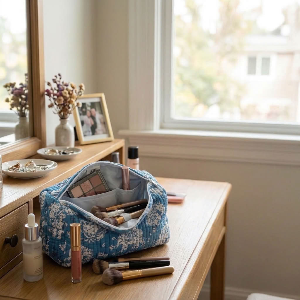 The Mélange - Hand-block Printed Quilted Makeup Bag | Cosmetic Pouch