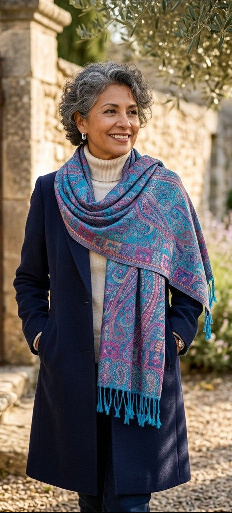 Kashmiri Motif - Reversible Shawl with Intricate Jacquard Kani Weave & Tassels