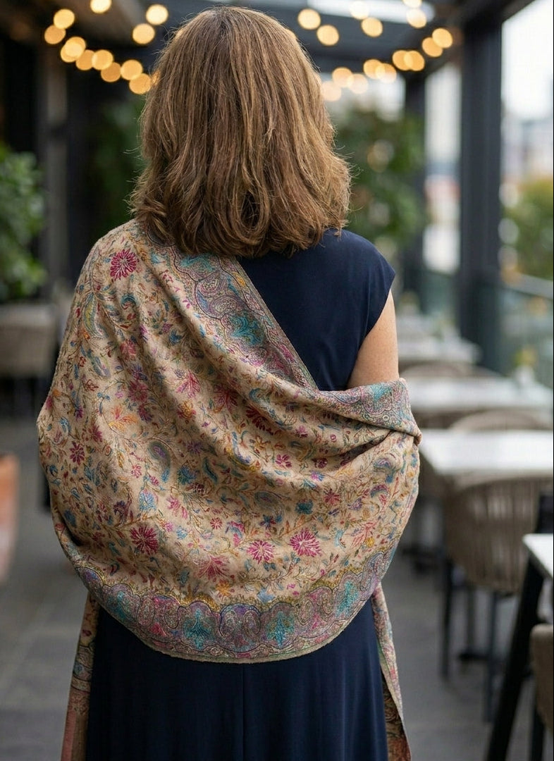 Stunning Kalamkari – Fine Cashmere Wool Shawl with Hand-Block Printing & Embroidery