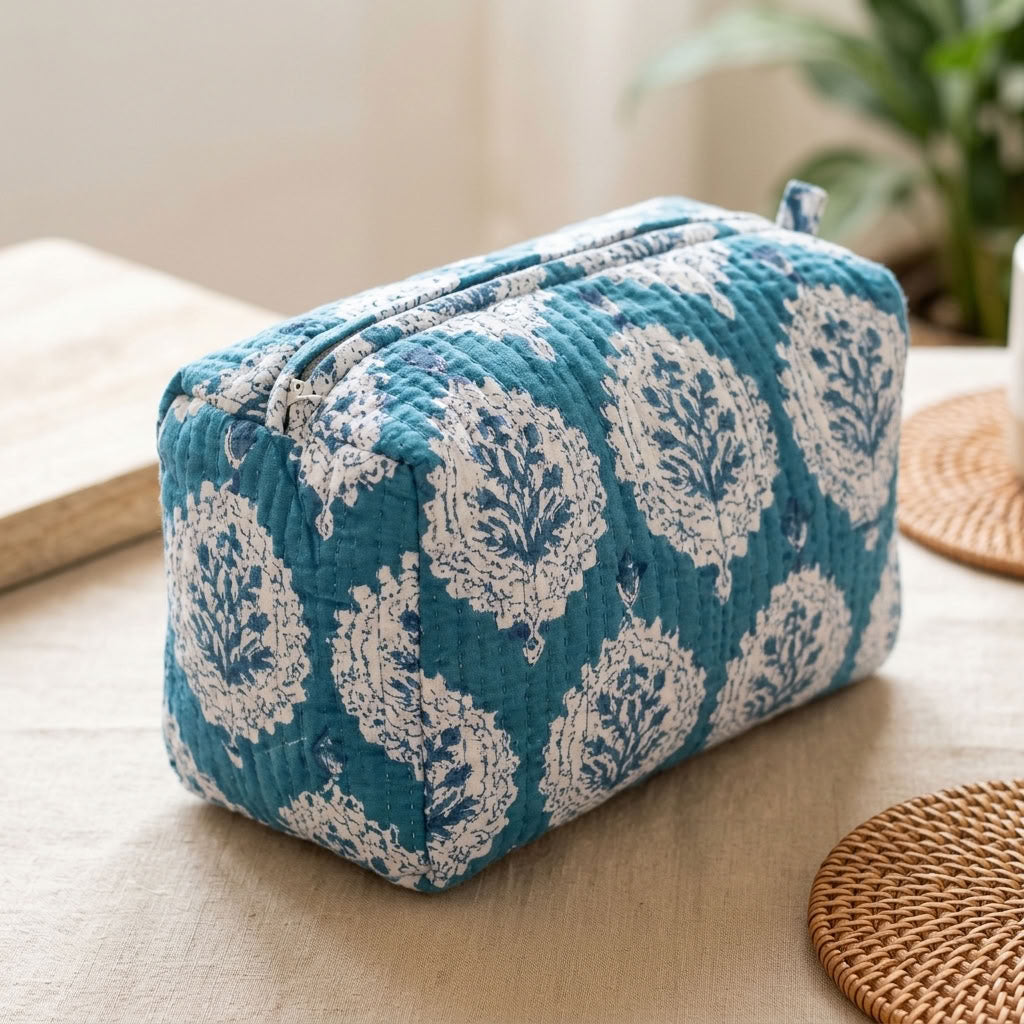 The Mélange - Hand-block Printed Quilted Makeup Bag | Cosmetic Pouch