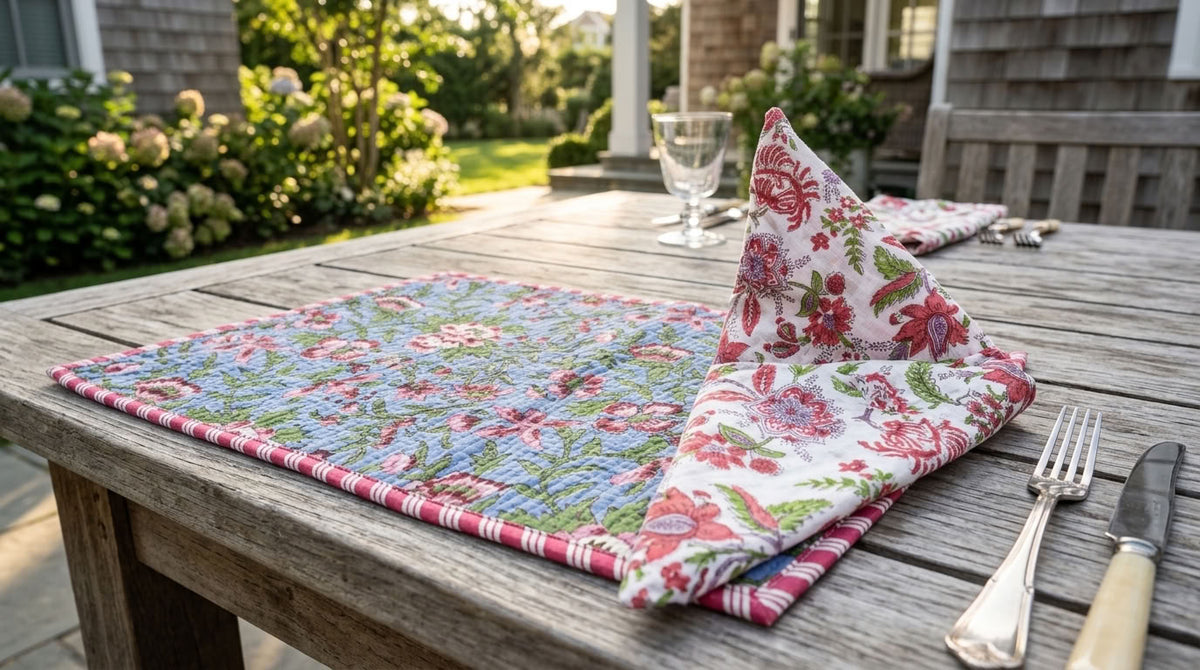 Blue Garden - Block Printed, Reversible, Quilted Cotton Placemats