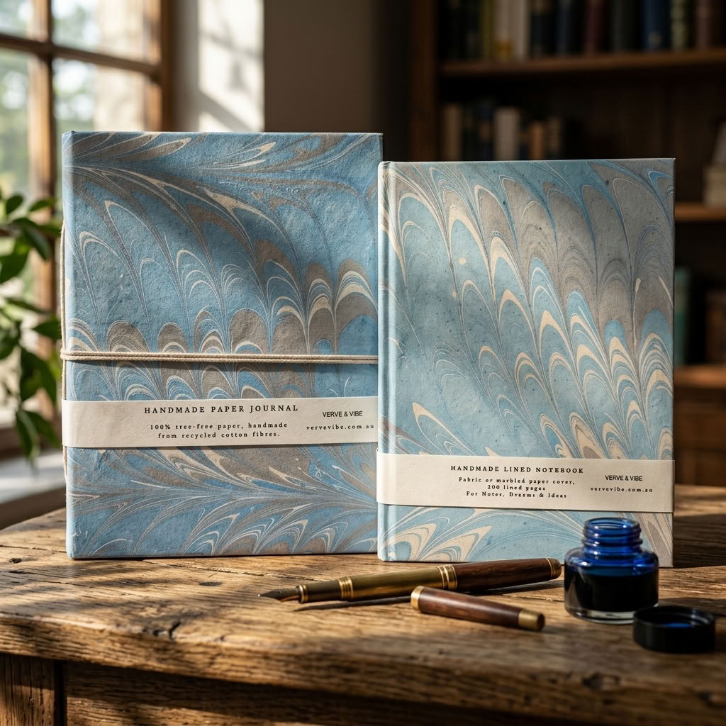 Azure Tides - Marbled Cover, Handmade Journal & Notebook