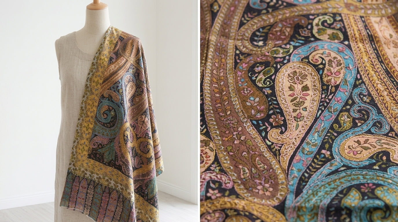 Stunning Kalamkari – Fine Cashmere Wool Shawl with Hand-Block Printing & Embroidery