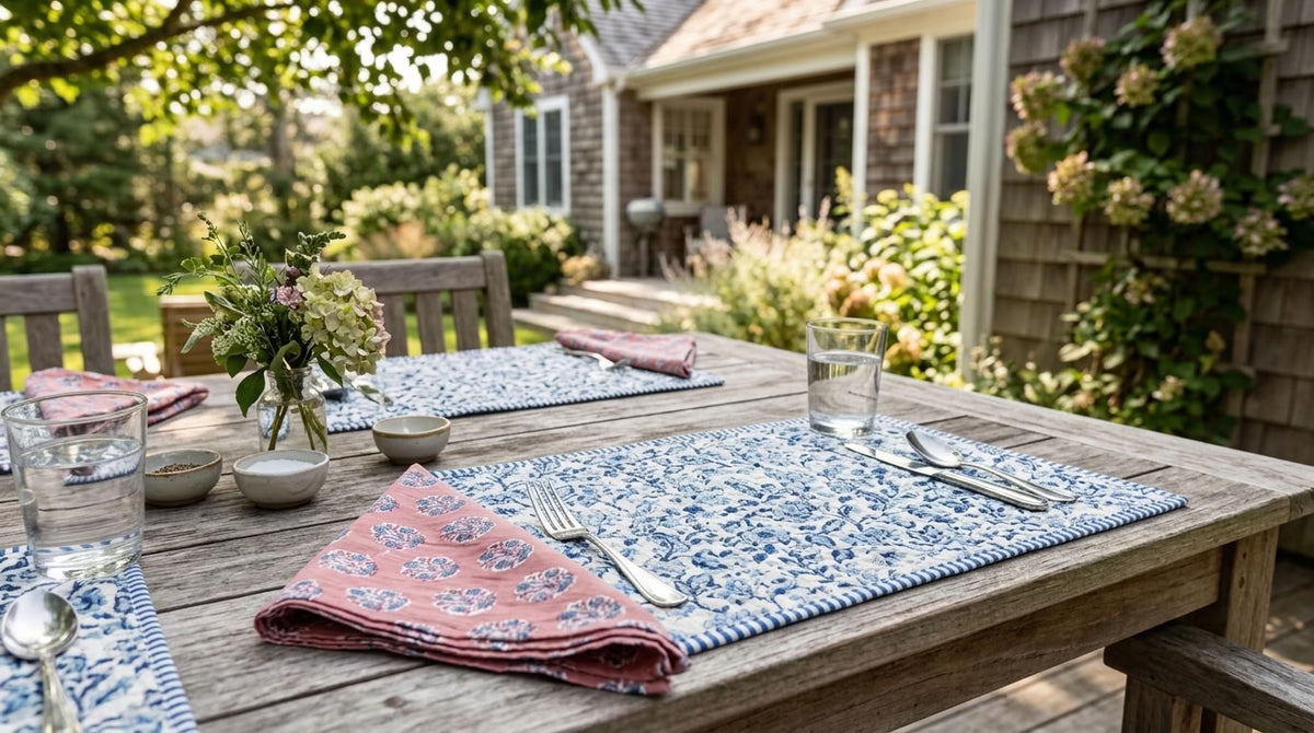 Blue Porcelain - Block Printed, Reversible, Quilted Cotton Placemats