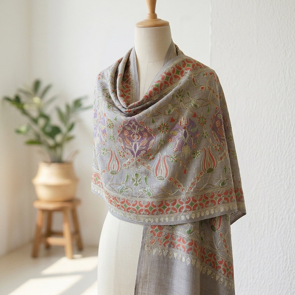 Heritage Nalki - Fine Cashmere Wool Shawl with Intricate Silk Embroidery