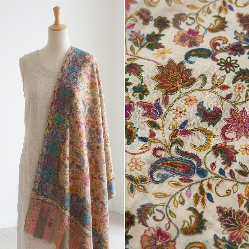 Stunning Kalamkari – Fine Cashmere Wool Shawl with Hand-Block Printing & Embroidery