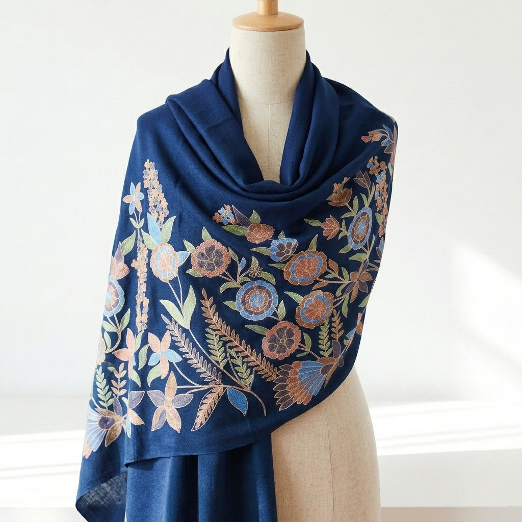 Charming Chinar - Fine Cashmere Wool Shawl with Intricate Silk Embroidery