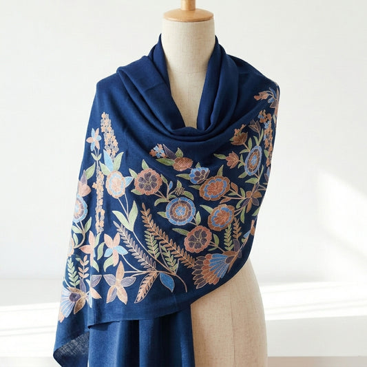 Charming Chinar - Fine Cashmere Wool Shawl with Intricate Silk Embroidery