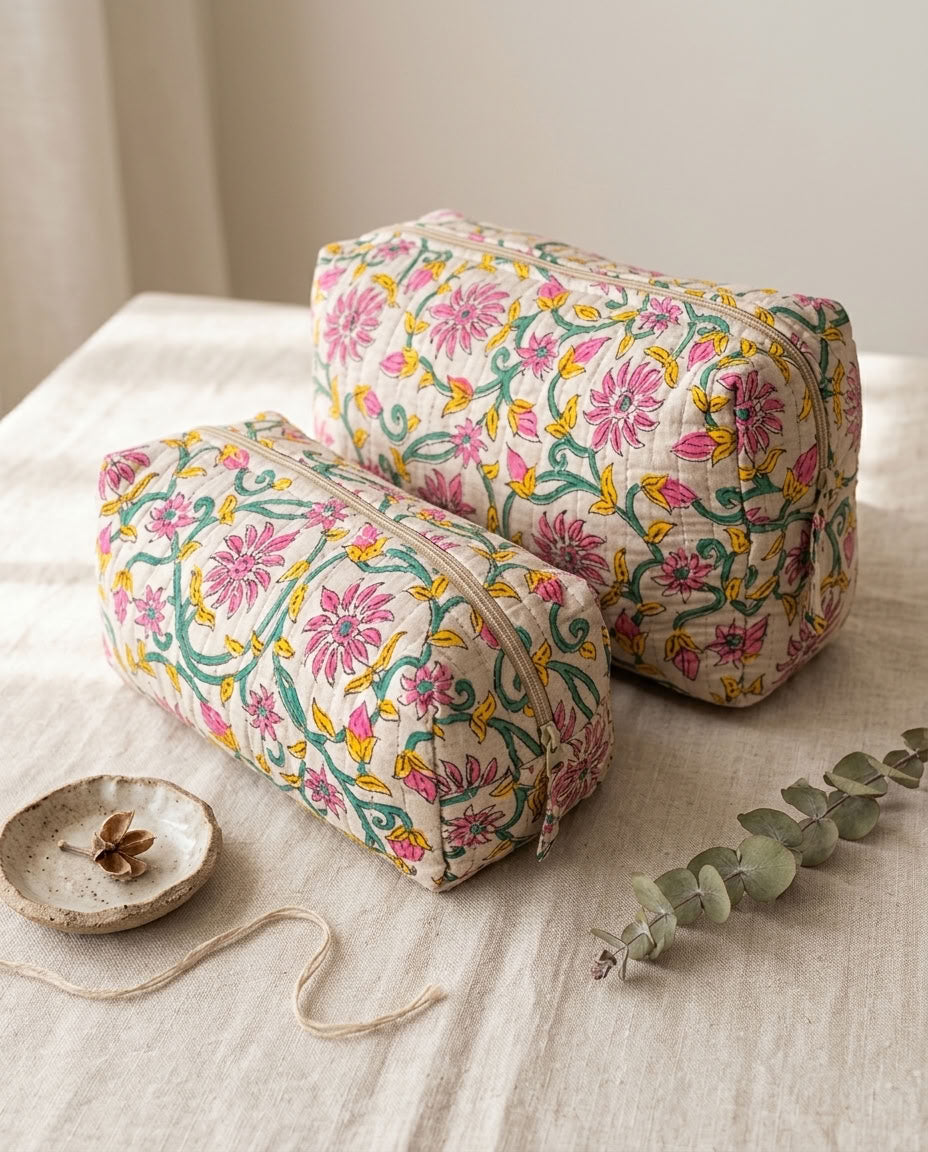 The Mélange - Hand-block Printed Quilted Makeup Bag | Cosmetic Pouch