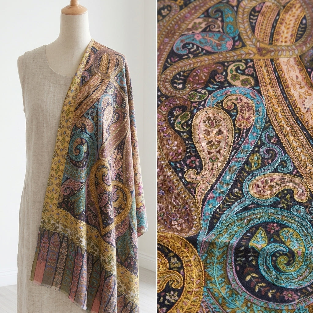 Stunning Kalamkari – Fine Cashmere Wool Shawl with Hand-Block Printing & Embroidery
