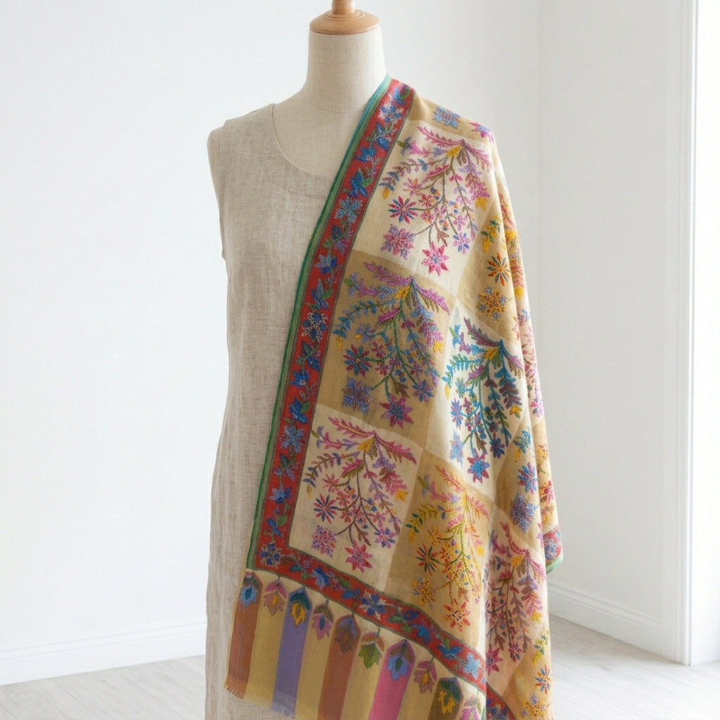 Stunning Kalamkari – Fine Cashmere Wool Shawl with Hand-Block Printing & Embroidery