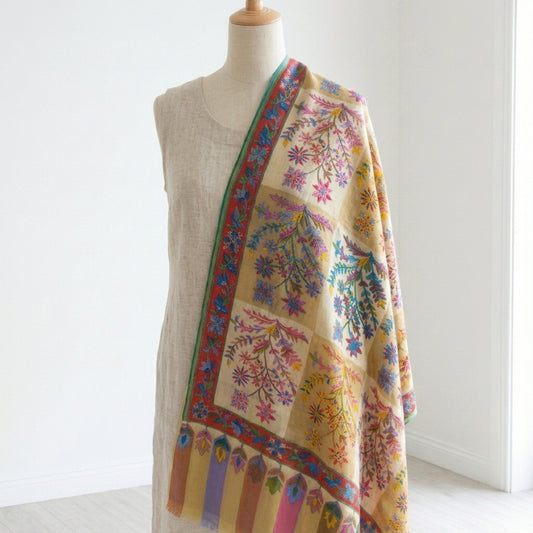 Stunning Kalamkari – Fine Cashmere Wool Shawl with Hand-Block Printing & Embroidery