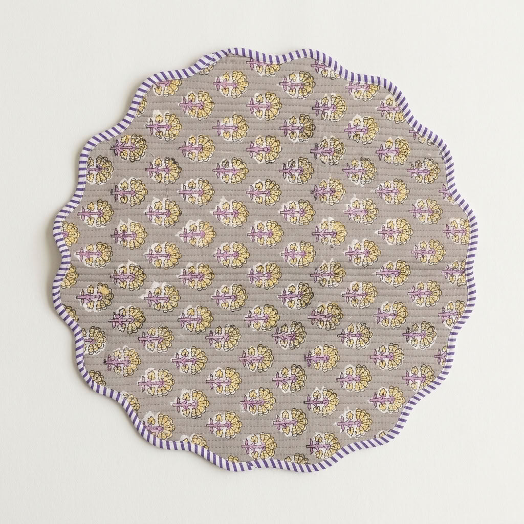 Taupe Reverie - Block Printed, Reversible, Quilted Cotton Placemats