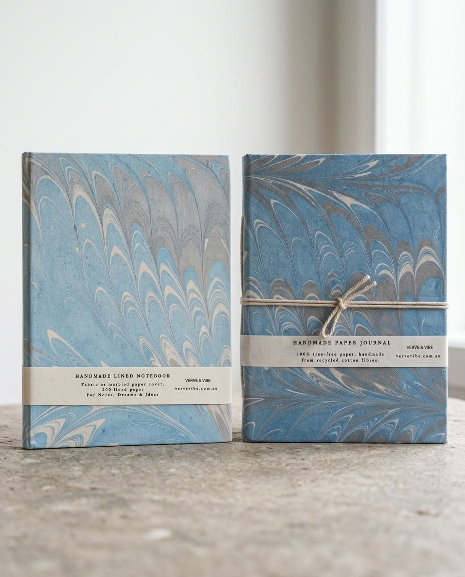 Azure Tides - Marbled Cover, Handmade Journal & Notebook