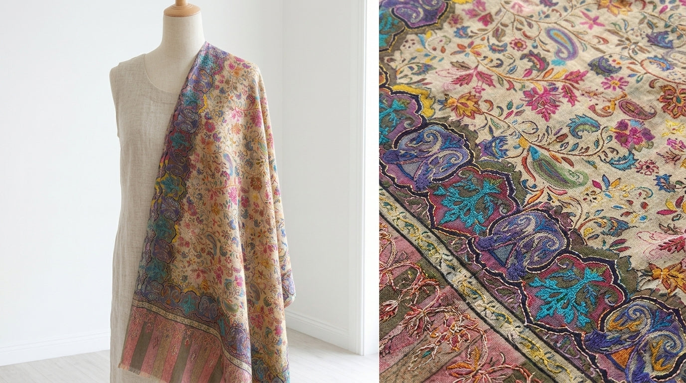 Stunning Kalamkari – Fine Cashmere Wool Shawl with Hand-Block Printing & Embroidery
