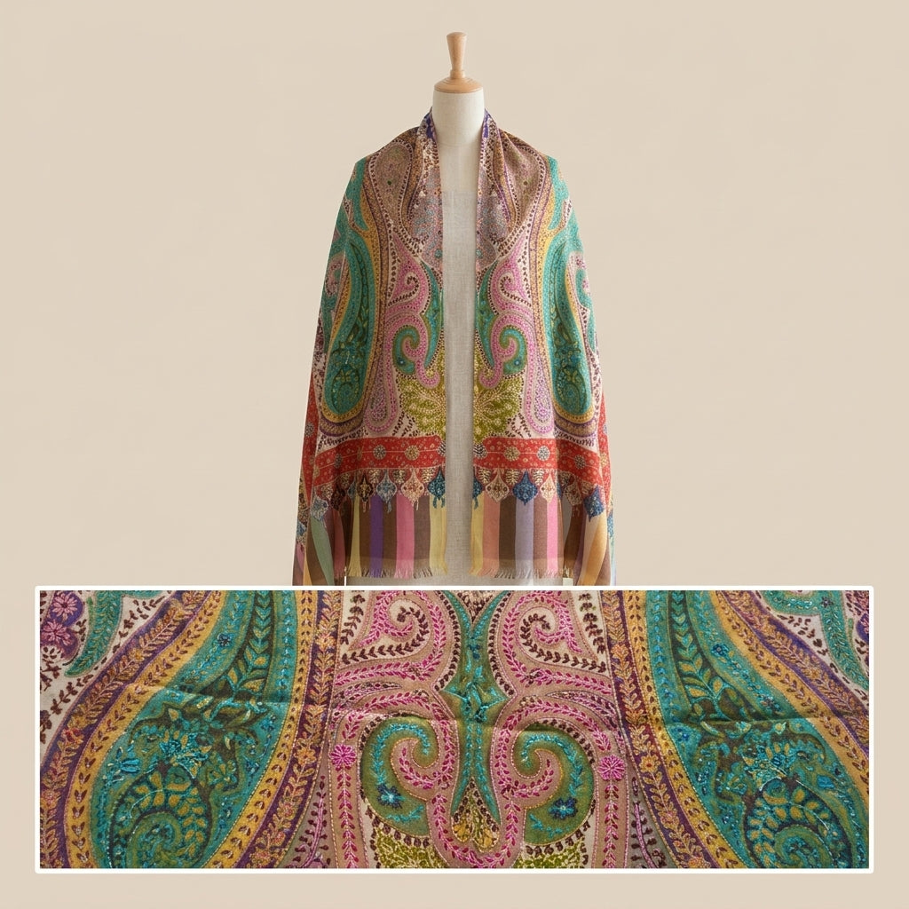 Stunning Kalamkari – Fine Cashmere Wool Shawl with Hand-Block Printing & Embroidery