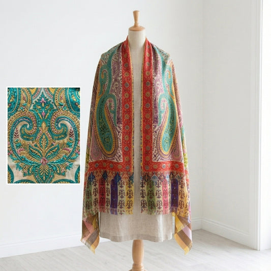 Stunning Kalamkari – Fine Cashmere Wool Shawl with Hand-Block Printing & Embroidery