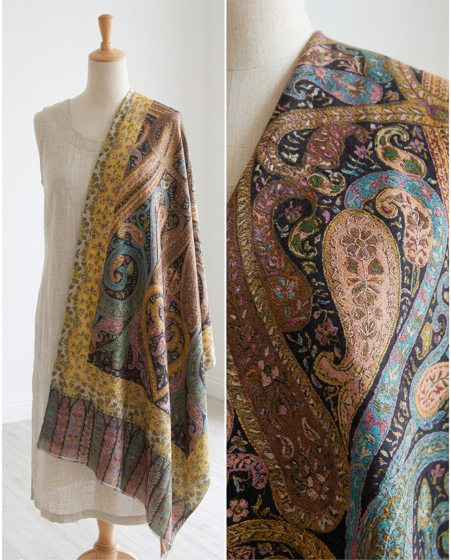 Stunning Kalamkari – Fine Cashmere Wool Shawl with Hand-Block Printing & Embroidery