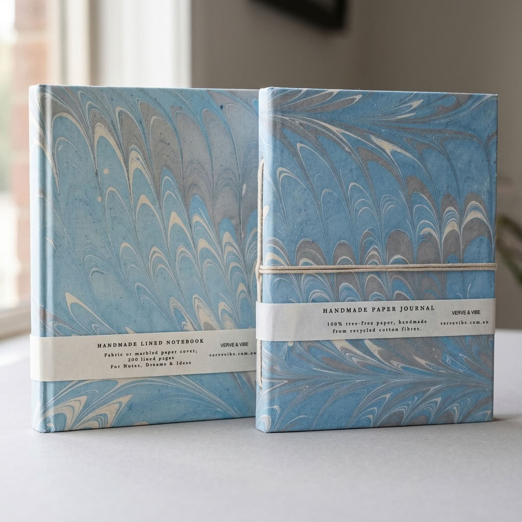 Azure Tides - Marbled Cover, Handmade Journal & Notebook