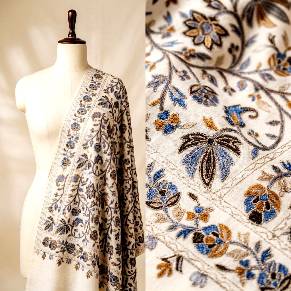 Heritage Nalki - Fine Cashmere Wool Shawl with Intricate Silk Embroidery