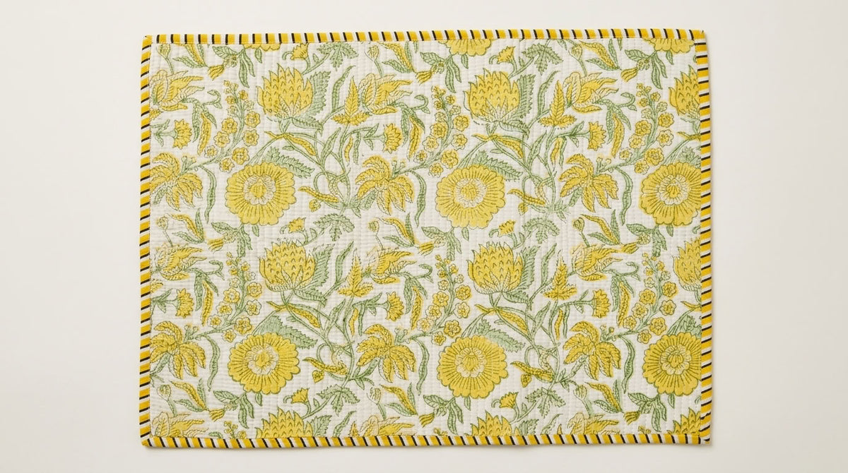 Sunshine Parterre - Block Printed, Reversible, Quilted Cotton Placemats