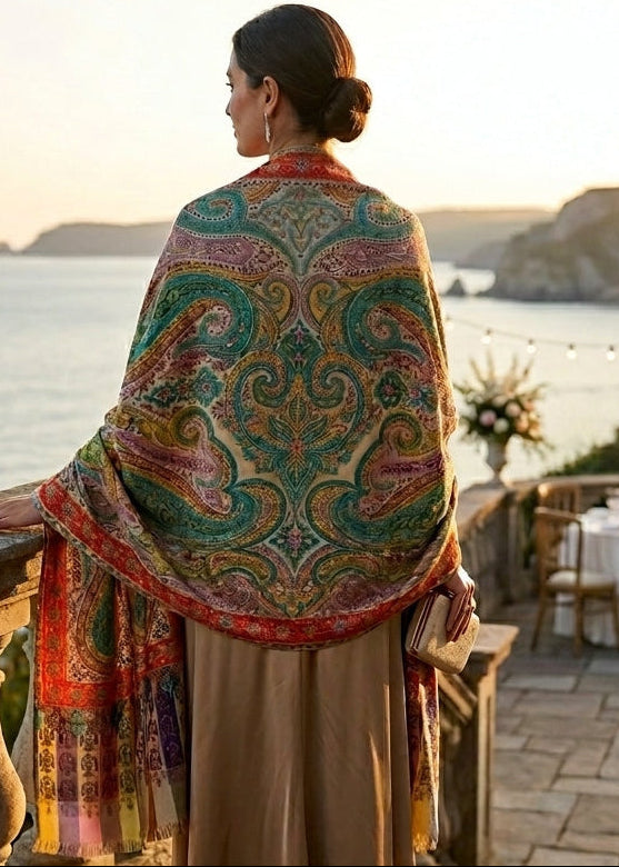 Woman with a colorful shawl overlooking a scenic coastal view with tables and flowers.