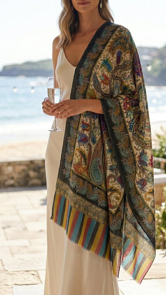 Woman holding a glass of water, wearing a colorful patterned shawl, with a scenic background.