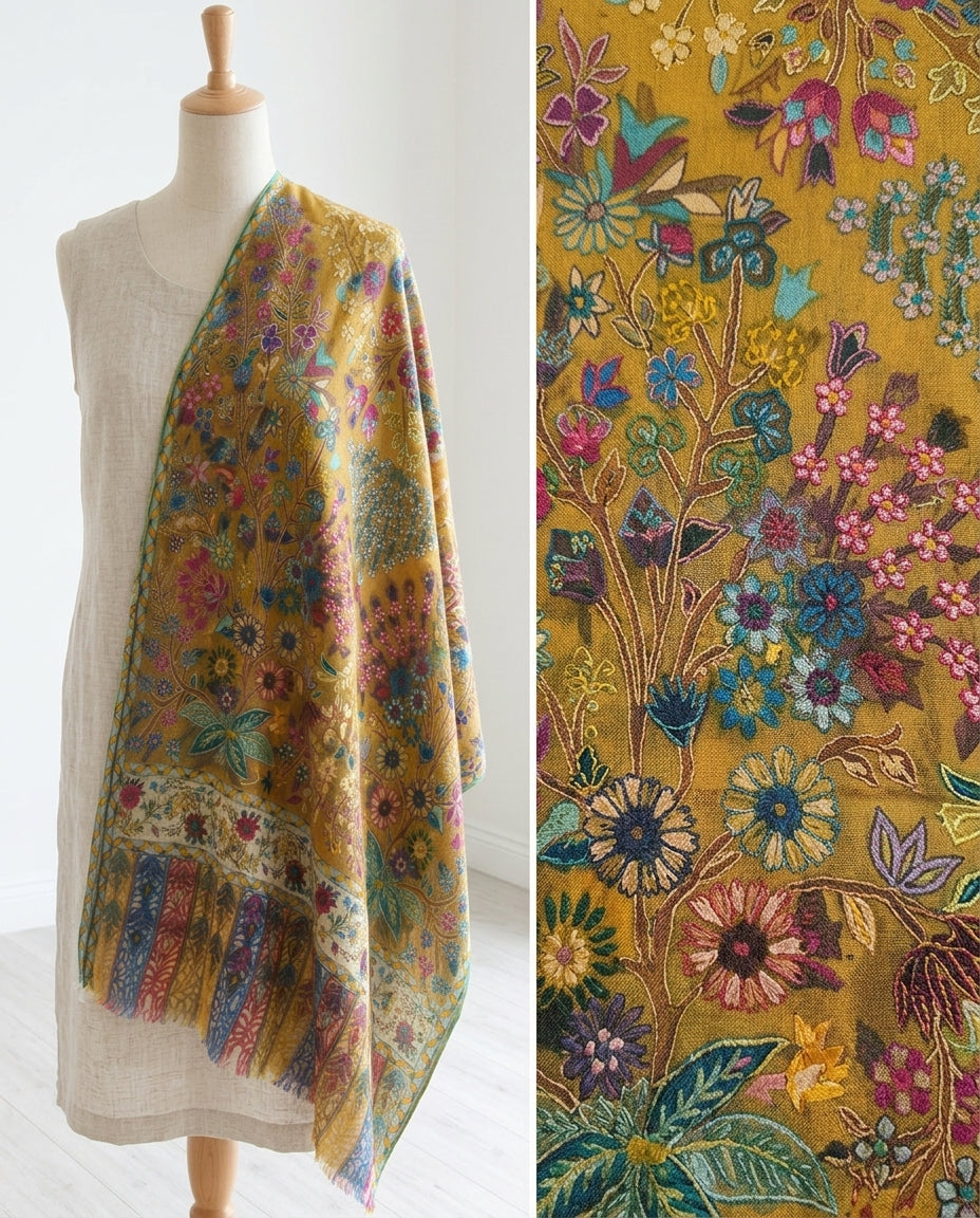 Stunning Kalamkari – Fine Cashmere Wool Shawl with Hand-Block Printing & Embroidery