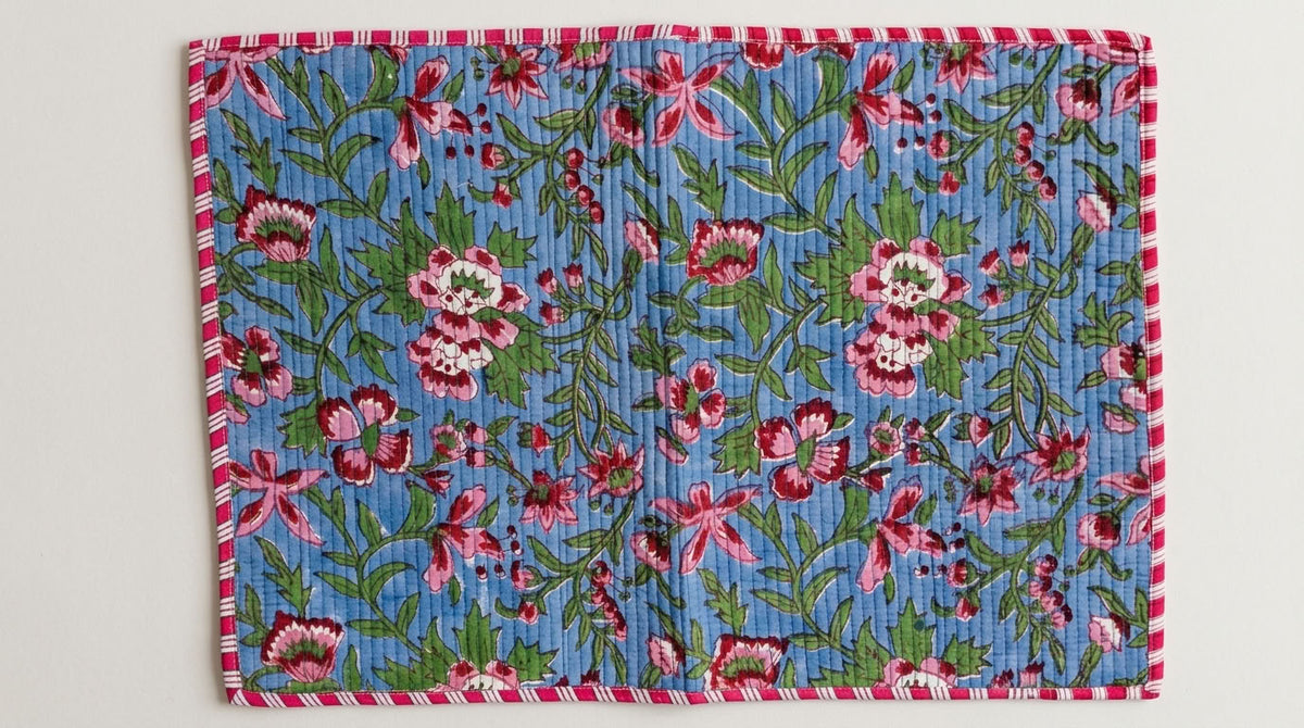 Blue Garden - Block Printed, Reversible, Quilted Cotton Placemats