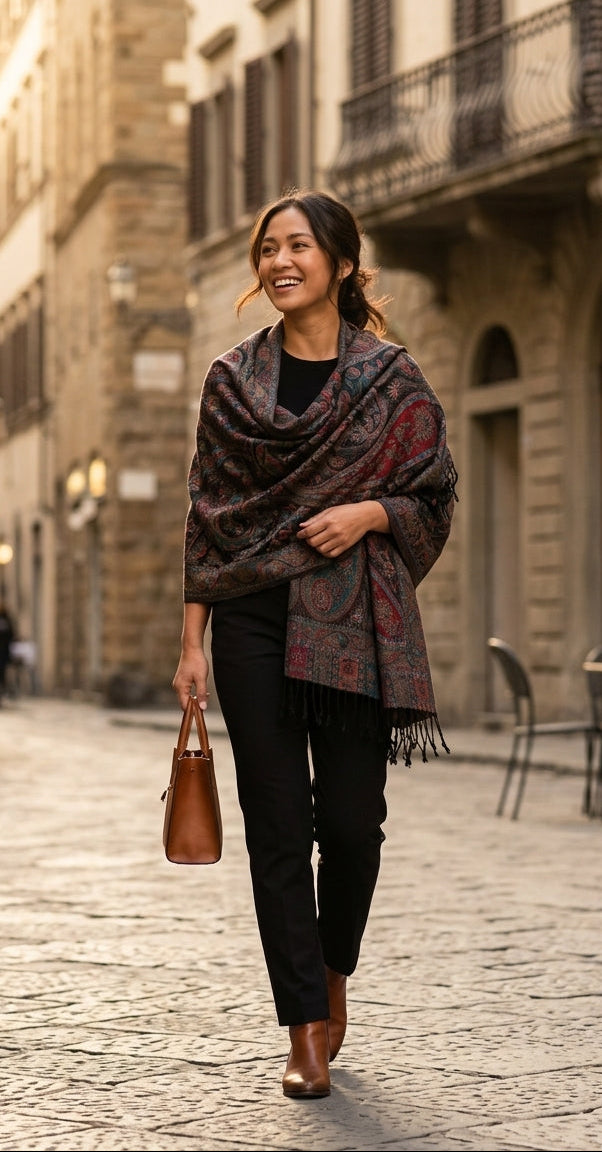 Kashmiri Motif - Reversible Shawl with Intricate Jacquard Kani Weave & Tassels