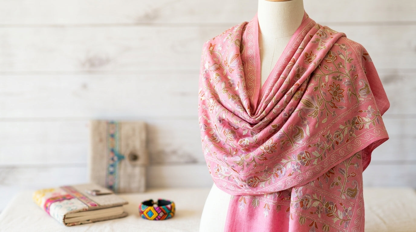 Mannequin wearing a pink floral shawl with a wooden surface and books in the background