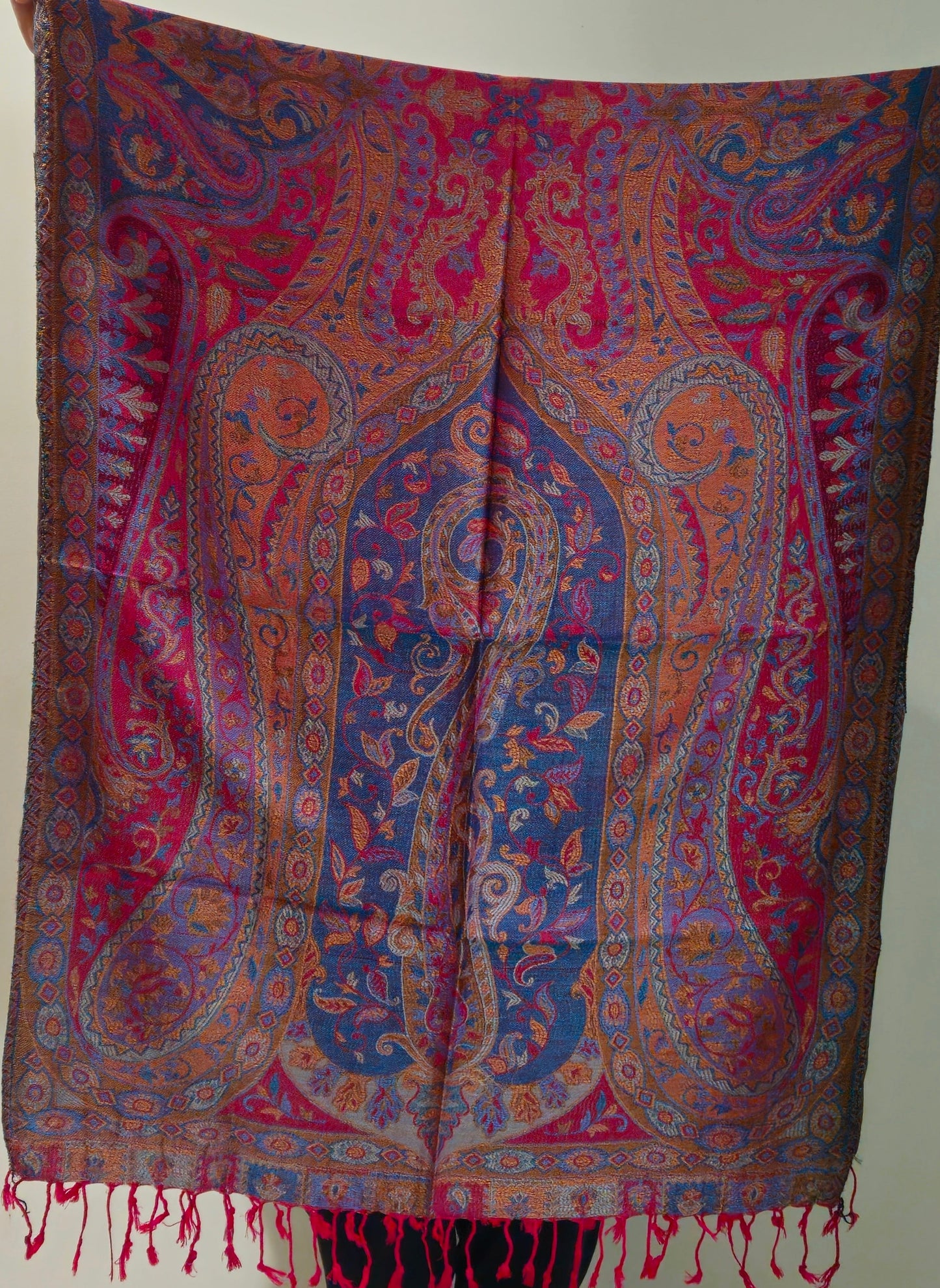 Kashmiri Motif - Reversible Shawl with Intricate Jacquard Kani Weave & Tassels