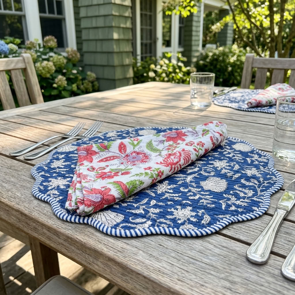 Midnight Botanica - Block Printed, Reversible, Quilted Cotton Placemats
