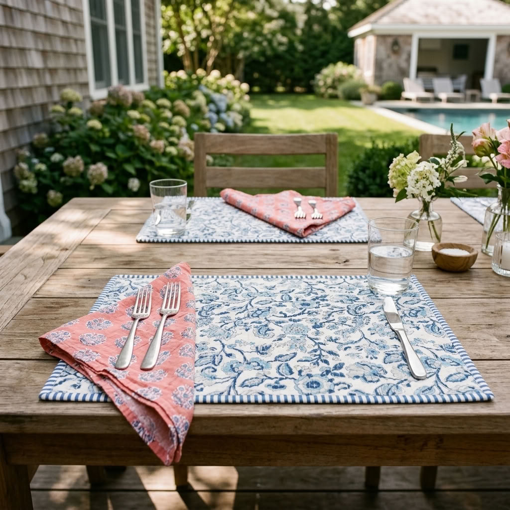 Blue Porcelain - Block Printed, Reversible, Quilted Cotton Placemats