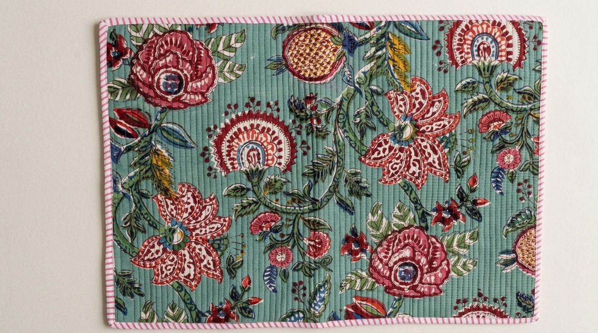 Garden Rhapsody - Block Printed, Reversible, Quilted Cotton Placemats