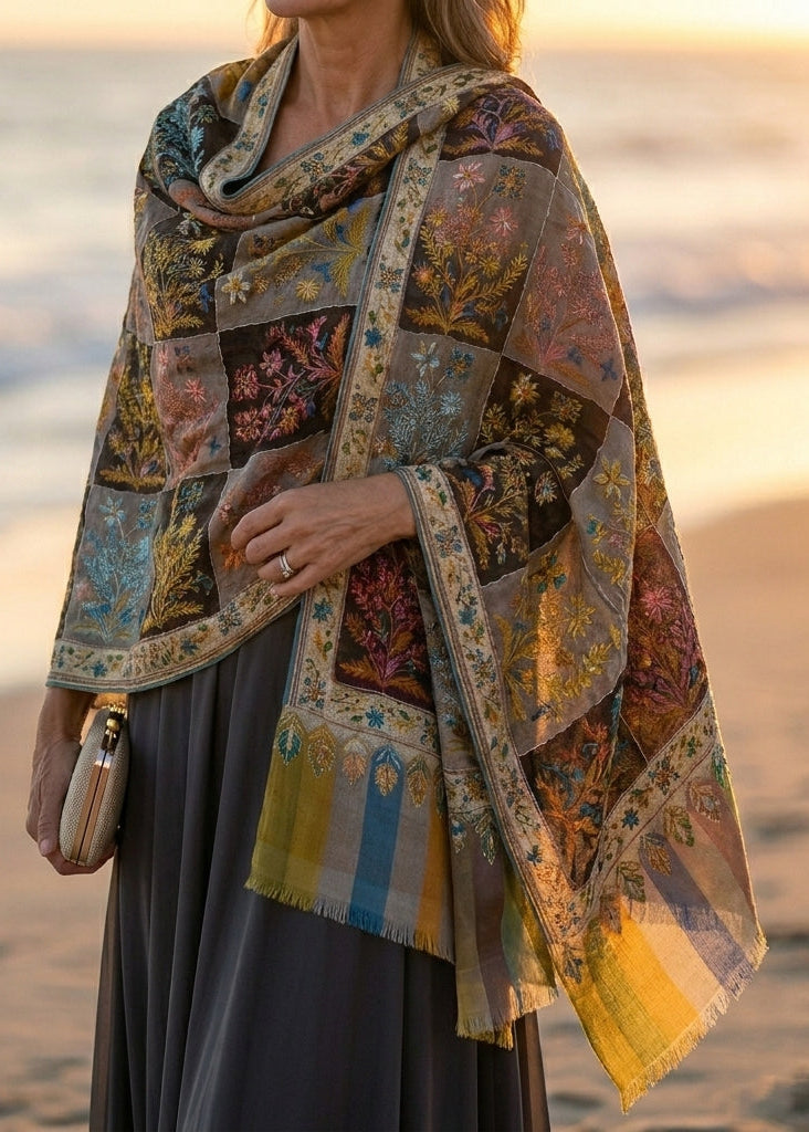 Stunning Kalamkari – Fine Cashmere Wool Shawl with Hand-Block Printing & Embroidery