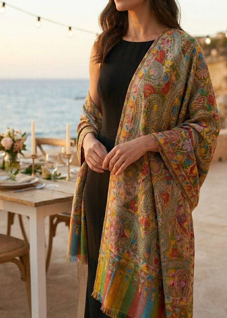 Woman wearing a colorful patterned shawl on a rooftop with ocean view