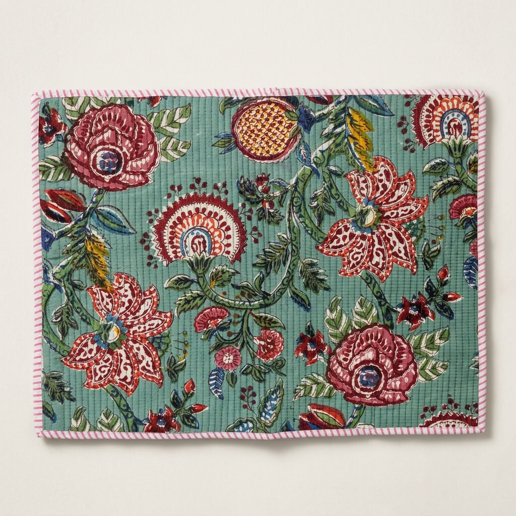 Garden Rhapsody - Block Printed, Reversible, Quilted Cotton Placemats