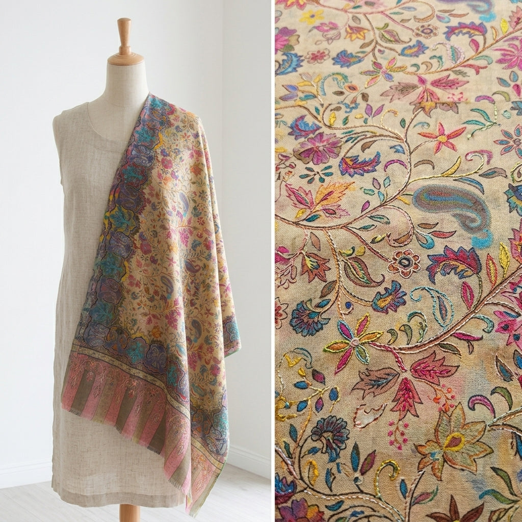 Stunning Kalamkari – Fine Cashmere Wool Shawl with Hand-Block Printing & Embroidery