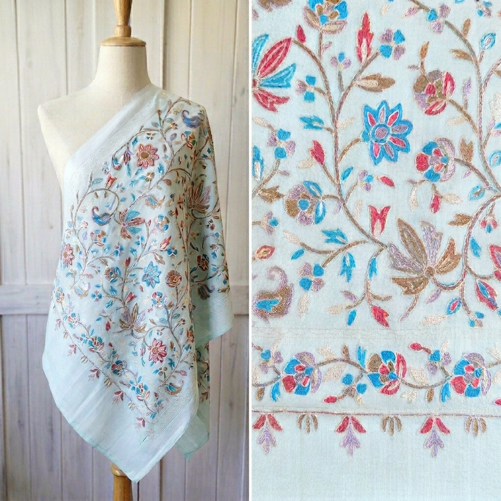 Floral patterned fabric draped over a mannequin with close-up details on a wooden background