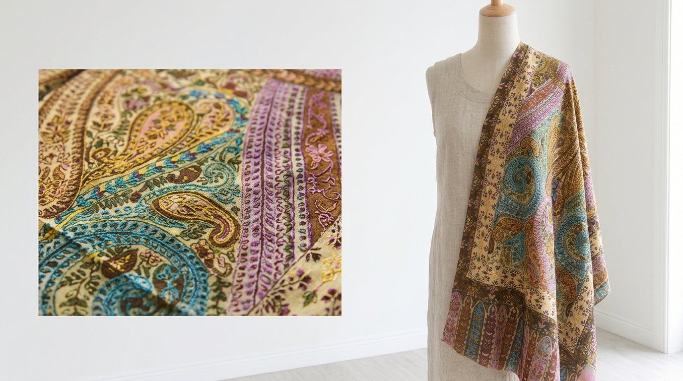 Stunning Kalamkari – Fine Cashmere Wool Shawl with Hand-Block Printing & Embroidery