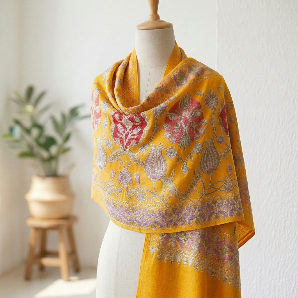 Yellow embroidered scarf on a mannequin with a white background