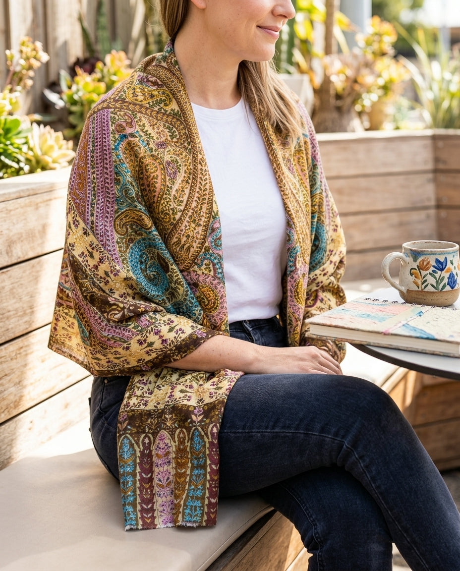 Stunning Kalamkari – Fine Cashmere Wool Shawl with Hand-Block Printing & Embroidery