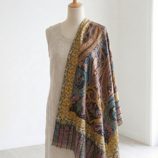 Stunning Kalamkari – Fine Cashmere Wool Shawl with Hand-Block Printing & Embroidery