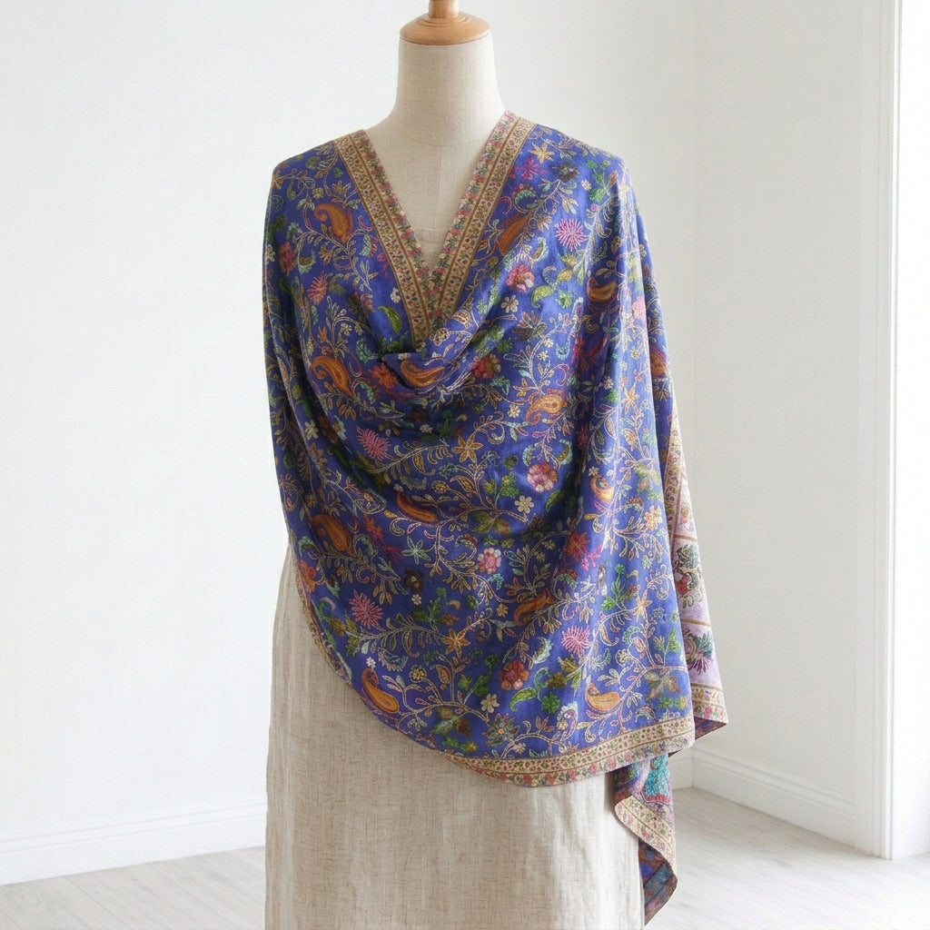 Stunning Kalamkari – Fine Cashmere Wool Shawl with Hand-Block Printing & Embroidery