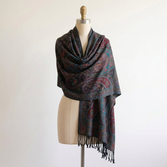 Kashmiri Motif - Reversible Shawl with Intricate Jacquard Kani Weave & Tassels