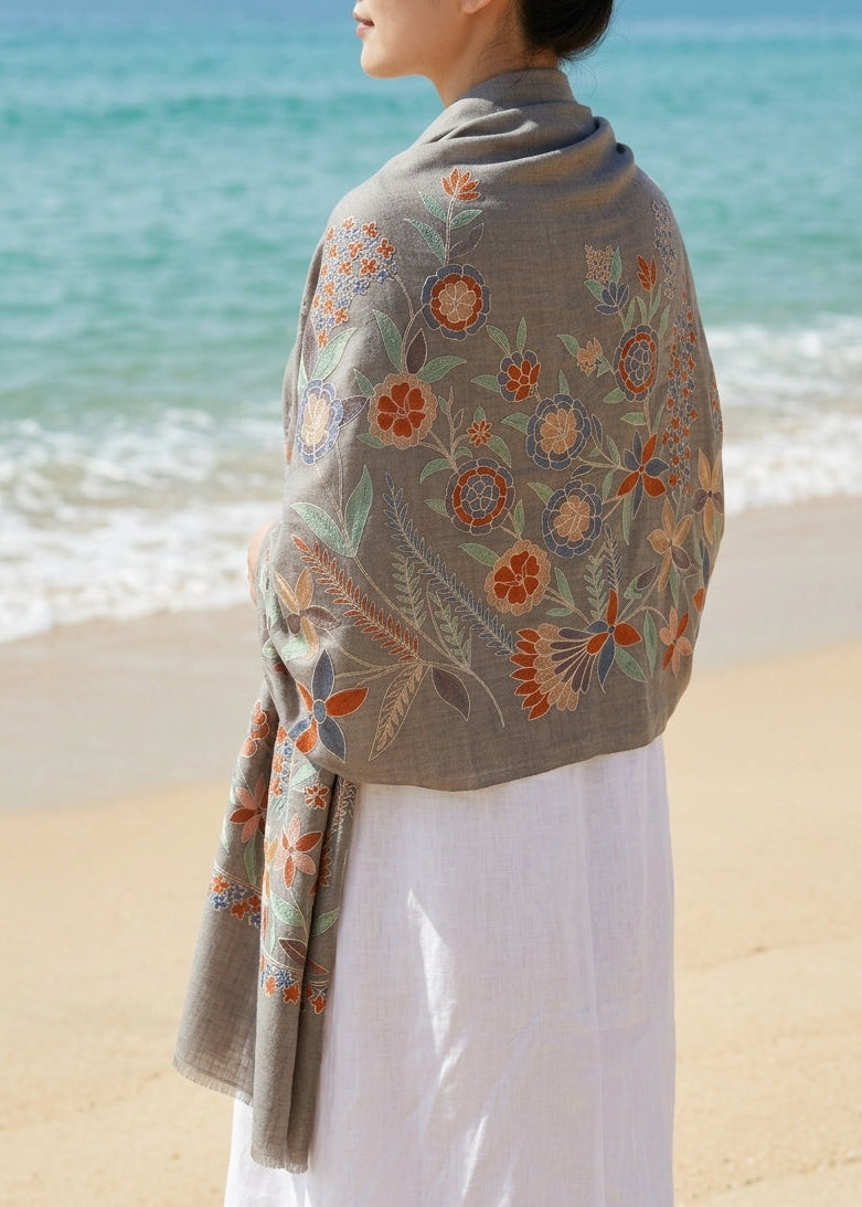 Charming Chinar - Fine Cashmere Wool Shawl with Intricate Silk Embroidery