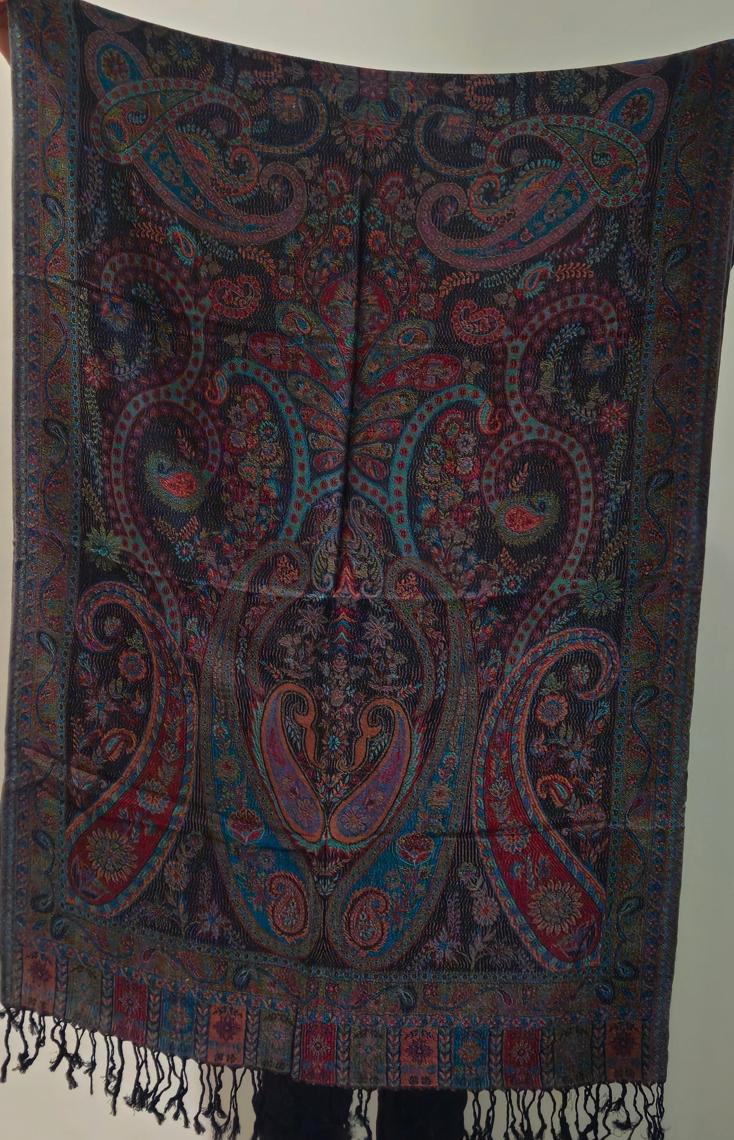 Kashmiri Motif - Reversible Shawl with Intricate Jacquard Kani Weave & Tassels